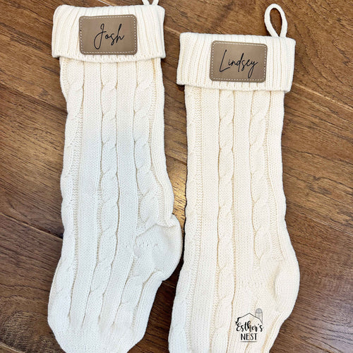 Engraved Leather Patch Knit Stocking | Christmas Collection