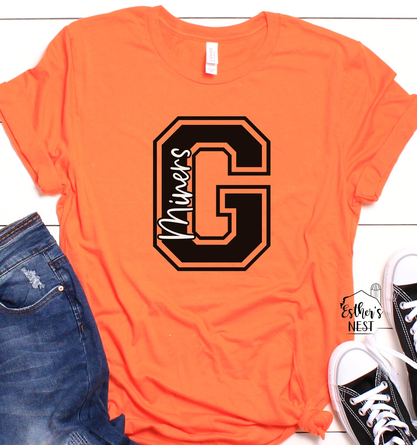 Esther's Nest Custom Varsity School Spirit Wear Adult Tee | Gillespie Miners | Spirit Wear M