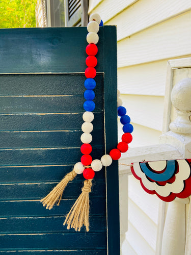 Patriotic Wood Bead Garland, Fourth of July, Mantle Decor, Home Decor